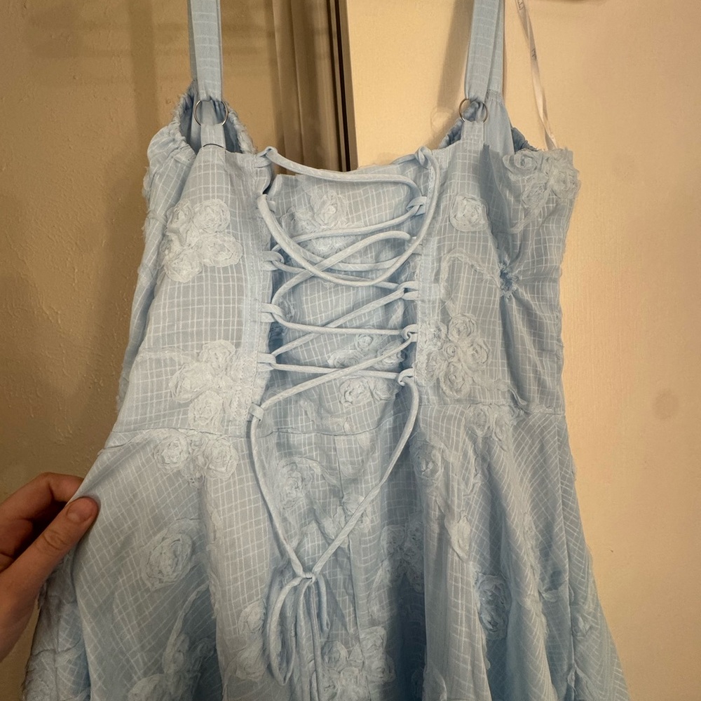 Lulus Darling Confidence Light Blue Rosette Bustier Lace-up Midi Dress - Size XL - Picture 5 of 5
